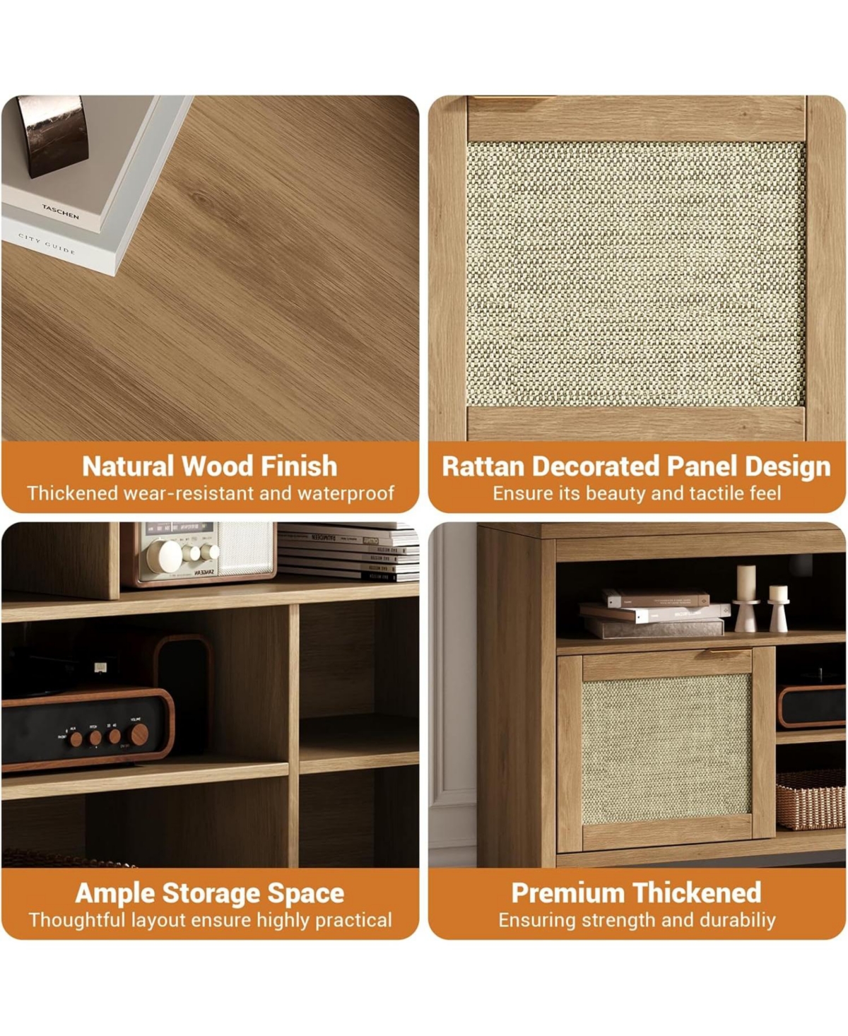 gaomon Rattan Tv Stand with Storage Place for Living Room, Brown Tv Console Cabinet with Shelf, for 45/55/65 in Tv, Wood