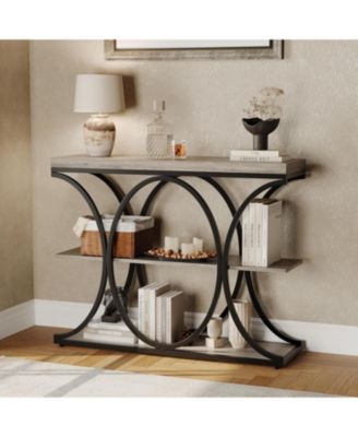 39 Narrow Console Tables for Entryway, Industrial 3-Tier Sofa Table with Round Metal Base and Storage Shelves for Living Room, Hallway, Foyer