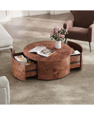  Burl Wood Rotating Coffee Table with 2 Drawers, 360° Rotating Top, Walnut, 28.4"