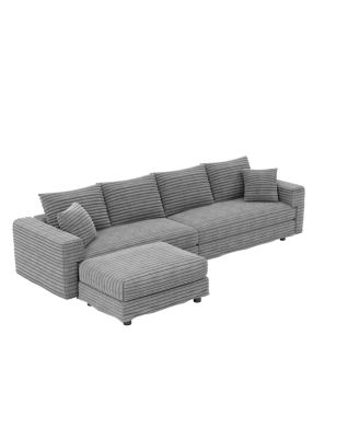 Plush Corduroy 4-Seat Sofa, Modern Comfy Upholstered Cloud Couch with Ottoman