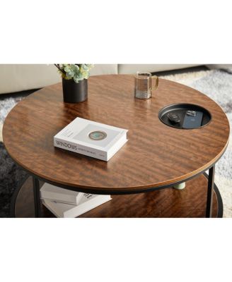  Round antique wood coffee table, 34.64-inch, 2-tier storage, modern design.