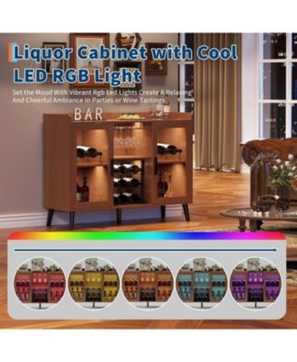 Modern Wood Wine Bar Cabinet with LED Light, Glass Holder Doors & Wine Racks, Buffet Sideboard with Storage for Kitchen or Home Bar