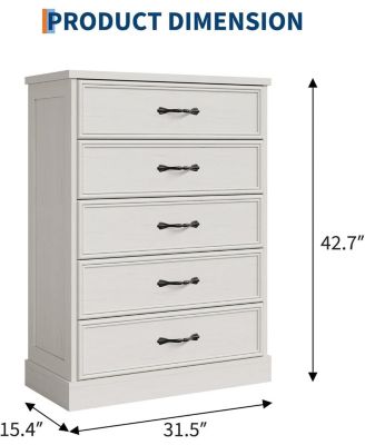 5 Drawer Tall Dresser, 43" Wooden Storage Chest for Bedroom, Nursery, Entryway