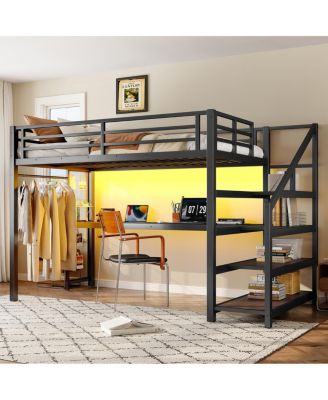 Twin XL Loft Bed with Desk, Storage Stairs, LED Lights & USB Ports