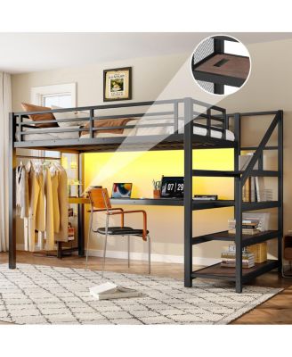 Twin XL Loft Bed with Desk, Storage Stairs, LED Lights & USB Ports