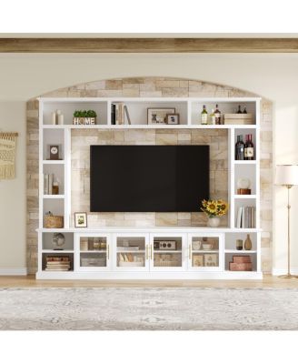 Entertainment Center Wall Unit for TVs up to 80" with Bookshelves & Glass Doors