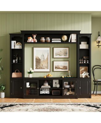 Modern TV Stand with Bookcase for TVs Up to 65-inch, 4 Shelves, Glass Doors