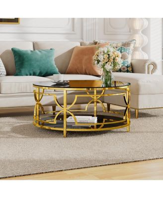 Streamdale Round Tempered Glass Coffee Table, 30.7", Gold Geometric Metal Frame, Shelf