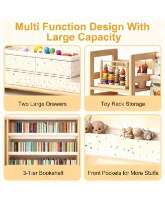 Wood Bookshelf for Kids - Storage with Sling Pockets and Drawers