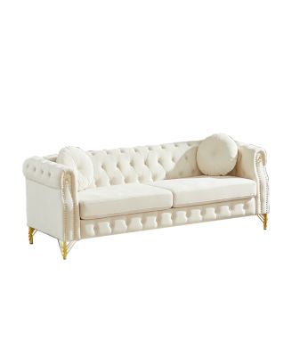 Velvet Chesterfield Sofa with Pillows & Studs, Metal Legs.