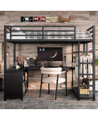 Metal Loft Bed with Wardrobe, L-shaped Desk & Storage, Black