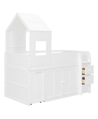 Twin Size Wooden Loft Bed with Desk, Drawers and Cabinets