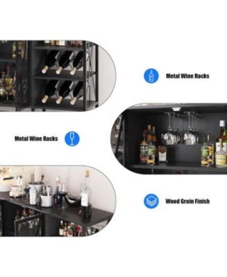 Farmhouse Wine Bar Cabinet with Wine Rack and Glass Holder Rustic Coffee Bar with Led Light Metal Sideboard and Liquor Table Cabinet