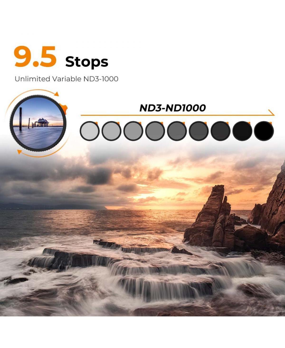 KandF Concept 55mm Nano-Xcel Series ND3-1000 1.5-10 Stop Multi-Coated Vnd Filter