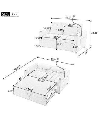  55.9" Convertible Sofa Bed Loveseat with 3 USB Ports & Side Pockets