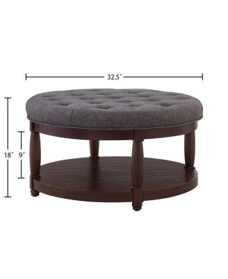 Large Round Tufted Linen Ottoman Coffee Table with Wood Shelf
