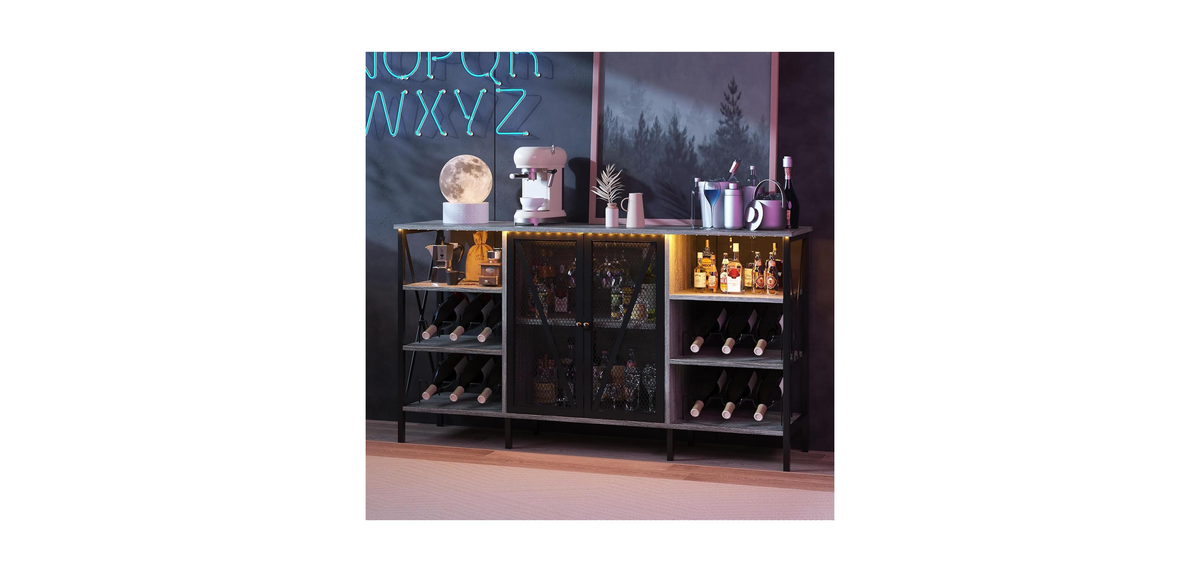 gaomon Farmhouse Wine Bar Cabinet with Wine Rack, Glass Holder, Led Light, Metal Sideboard and Liquor Storage Cabinet
