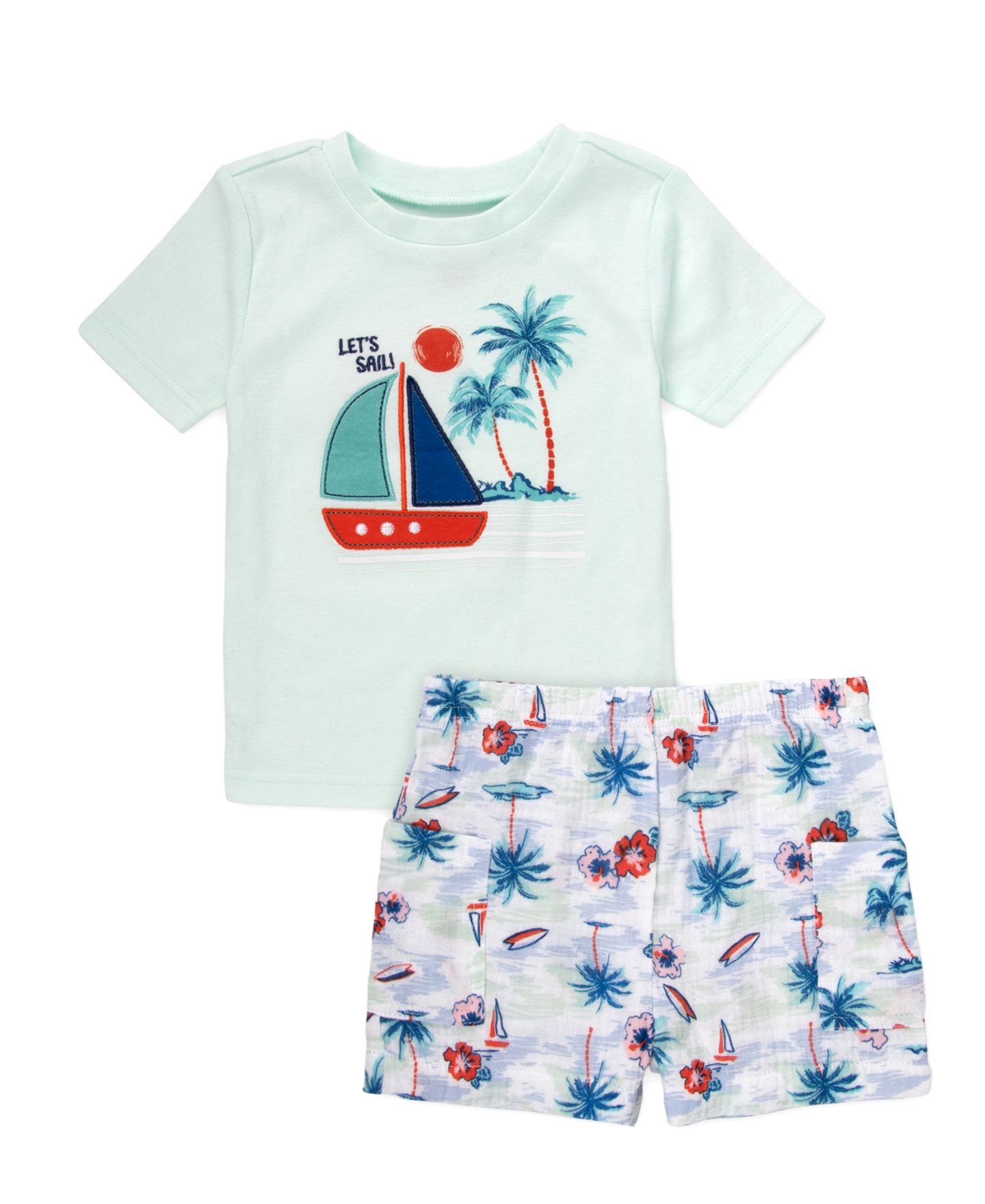 Комплекты Baby Essentials Collared Shirt, Short-Sleeve T-Shirt and Printed Shorts, 3-Piece Set для мальчиков-малышей, цвет: Мятный зелёный / Белый — фото 3
