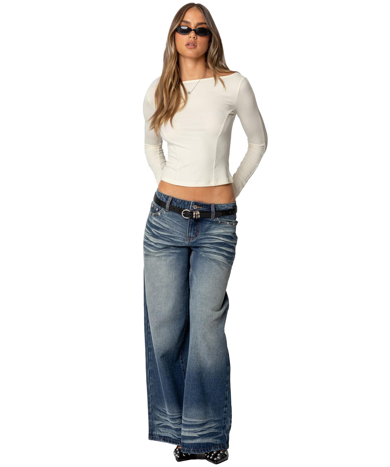 Women's Faux Leather Pocket Low Rise Baggy Jeans