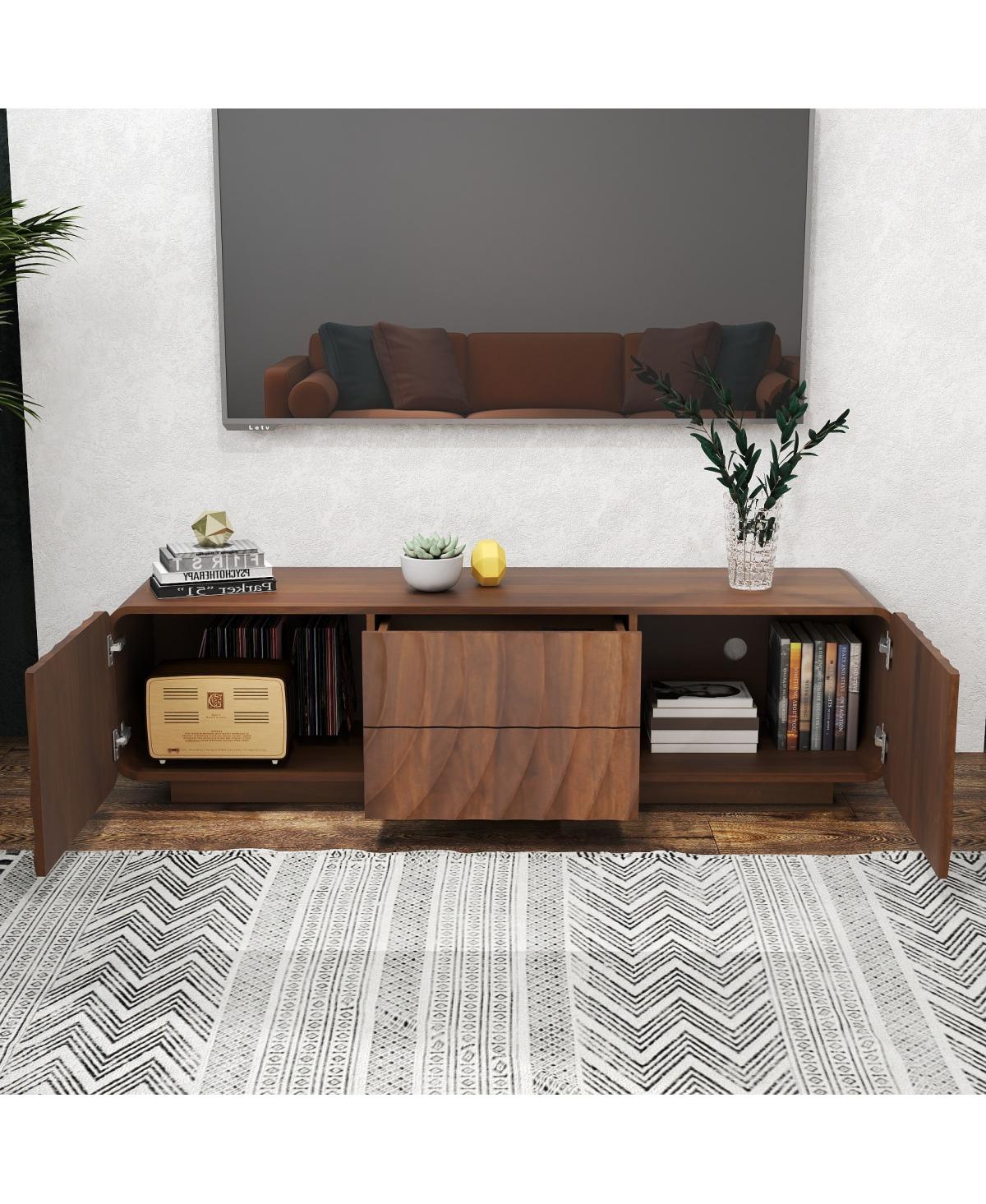 Streamdale Furniture 58" Mid Century Spiral Wave Design Tv Console with Storage Cabinet & 2 Drawers