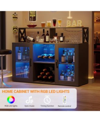 Wine Bar Liquor Cabinet with LED Lights, Glass Holder, Storage Shelves, and Rack for Home Kitchen or Coffee Bar