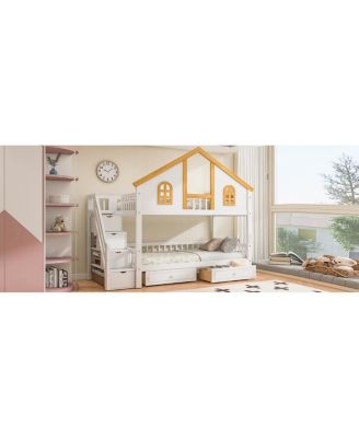 Twin Size Wooden House Bunk Bed with Window, Door, Roof, Drawers & Stairs