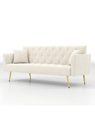 Modern 72" foldable sleeper sofa, beige velvet, retro style.