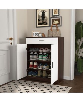 Shoe Storage Cabinet - 4-Tier Shoe Rack Organizer, Wooden Shoe Cabinet with 1 Drawer, 2 Door and Adjustable Shelves