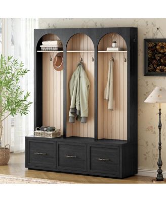 Farmhouse Arched Hall Tree Bench with Hooks, Coat Rack & Shoe Organizer