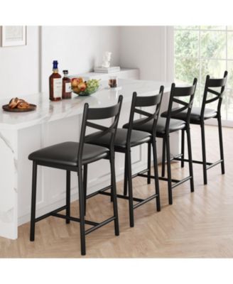 PU Leather Counter Height Bar Stools Set of 2 with Backrest and Footrest Modern Comfortable Kitchen Bar Chairs Durable Design for Home Use Dail
