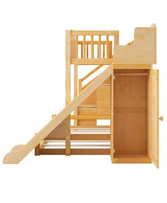 Twin over Full Bunk Bed with Storage Stairs, Shelf, Slide & Wardrobe