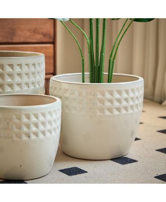  Handmade Ceramic Flower Pot Set of 3, Diamond Pattern, 15/12/9 Inch Diameter
