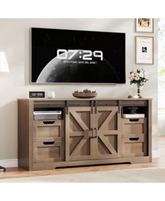 Farmhouse TV Stand for Up to 70 in TVs, 66 in Entertainment Center w/4 Drawers & Sliding Barn Door