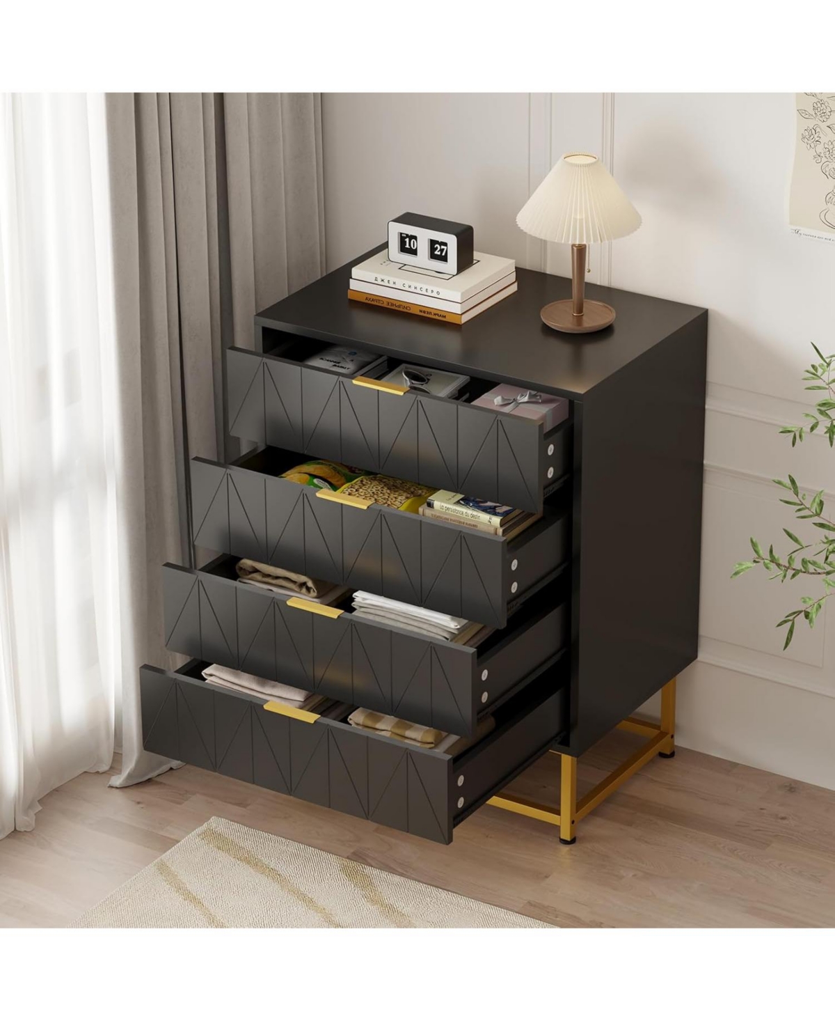 gaomon 4 Drawer Dresser with Wide Storage, Wood Chest Organizer with Metal Legs, Modern Bedroom & Living Room Dresser