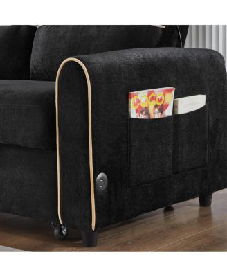 Chenille Pull Out Sofa Bed with Adjustable Backrest & Charging Ports