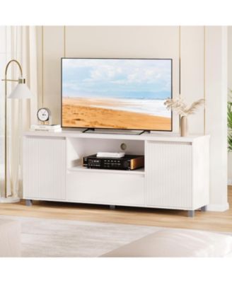 Fluted TV Stand, White TV Entertainment Center for 60/65/70 in TV, Modern TV Console with Drawer and 2 Cabinets