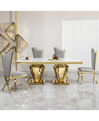 MDF Marble Top Dining Table for 6, White/Gold 66.9" Stainless Steel Base