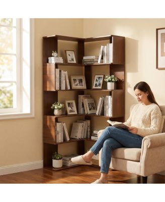 6 Tier L-Shaped Bookshelf, 66" Tall Walnut Open Display Shelf