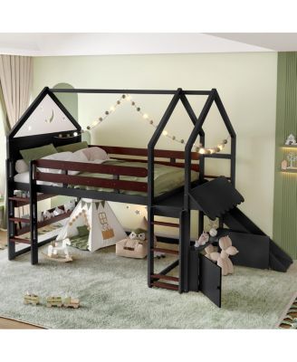 Loft Bed with Bookshelf, House-Shaped with Slide