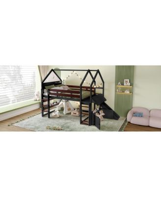 Loft Bed with Bookshelf, House-Shaped with Slide
