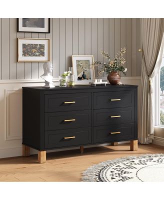 6-Drawer Double Dresser, Modern Storage Cabinet with Metal Handles & Solid Wood Legs