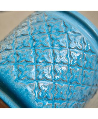 Handmade Ceramic Flowerpot Set of 3, Blue Geometric Pattern, 15/12/9 Inch Diameter