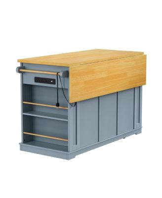 53" Large Kitchen Island with Drop Leaf, Power Outlet, Storage, Rolling Cart