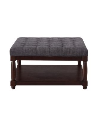 Large Square Tufted Linen Ottoman Coffee Table with Solid Wood Shelf