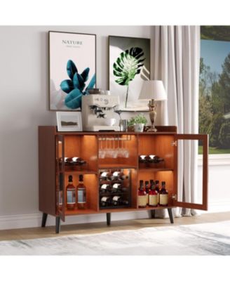 Modern Wine Bar Cabinet with LED Light Wood Kitchen Coffee Bar Home Liquor Cabinets with Glass Holder Doors and Wine Racks Buffet Sideboard