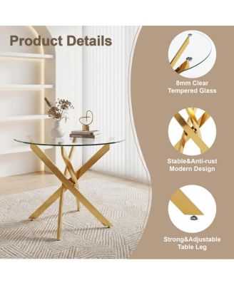 Round Dining Table, 35.5" Glass Dining Table with Gold Legs
