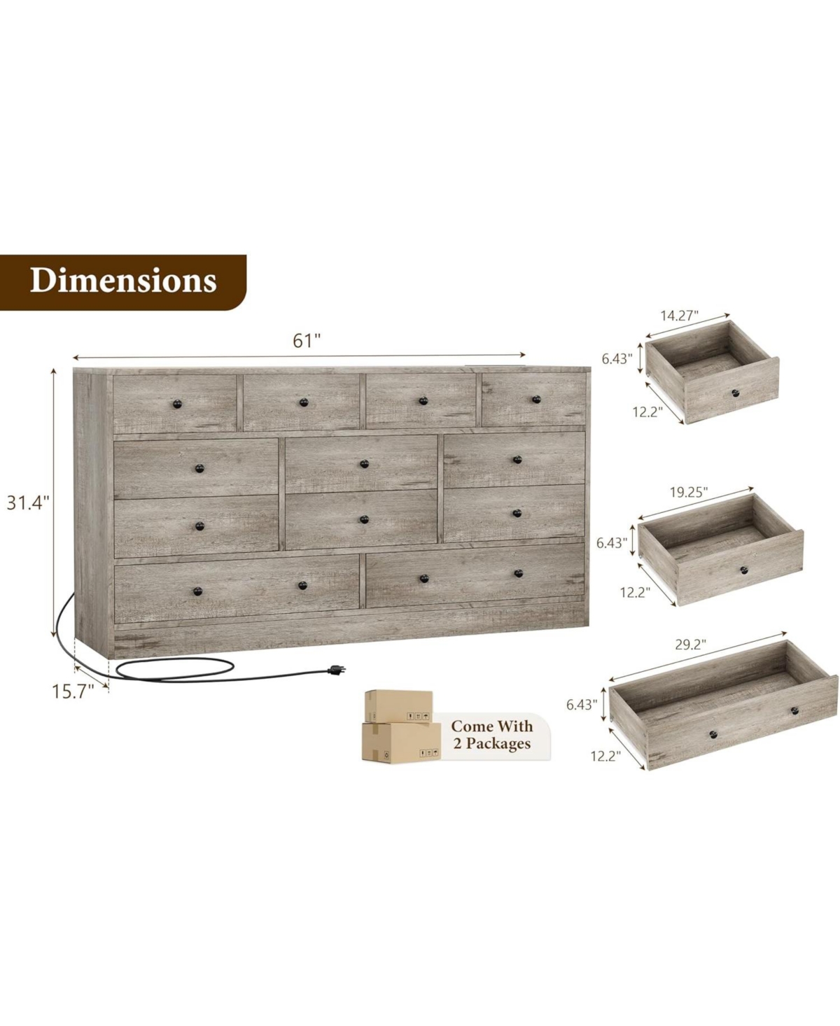 gaomon Drawer Dresser for Bedroom, 61 Long Modern Black Tv Stand with Charging Station, Large Wooden Chest Od Drawers Nursery, Closet