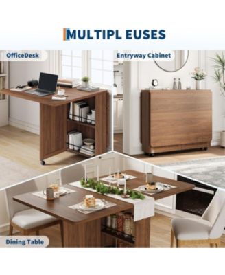 Space Saving Folding Dining Table with Storage - Kitchen Table with 6 Wheels Drawer and Shelves Compact Dining Table for Small Spaces