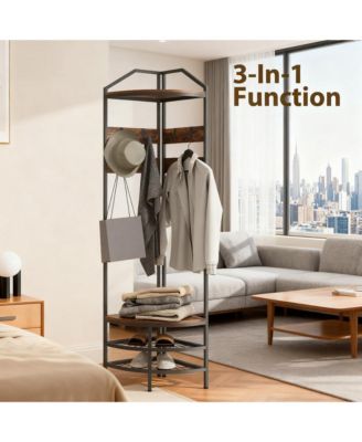 Corner Hall Tree - Industrial 4-Tier Coat Rack with Open Shelves, Movable Hooks and Steel Frame for Hallway, Living Room