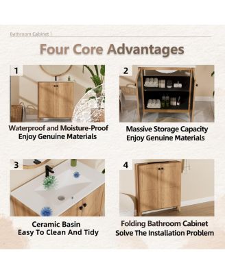 29" Antique Bathroom Vanity with Sink, Quick-Install Folding Storage, Eco MDF Matte 3D Embossed Finish, Large Capacity